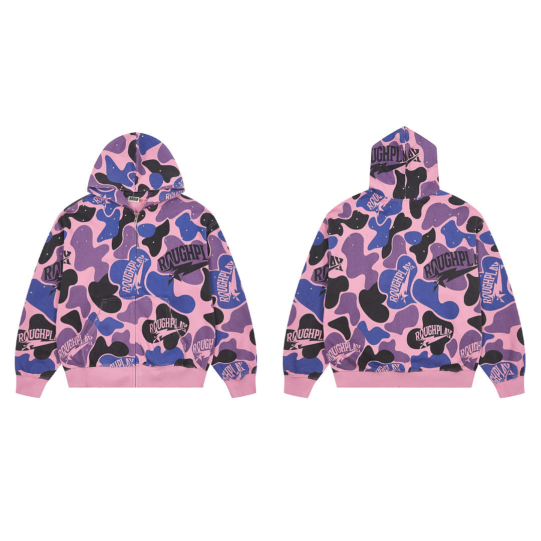 Rough Play All-Over Camo Oversized Zip Hoodie — Pink