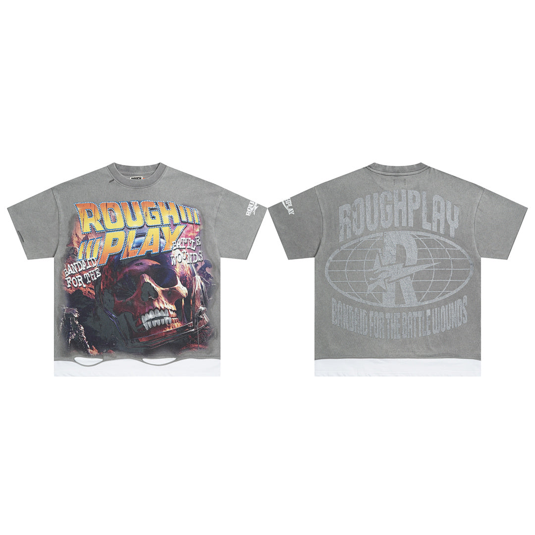 Rough Play Casino Skull Oversized Graphic Tee — Grey