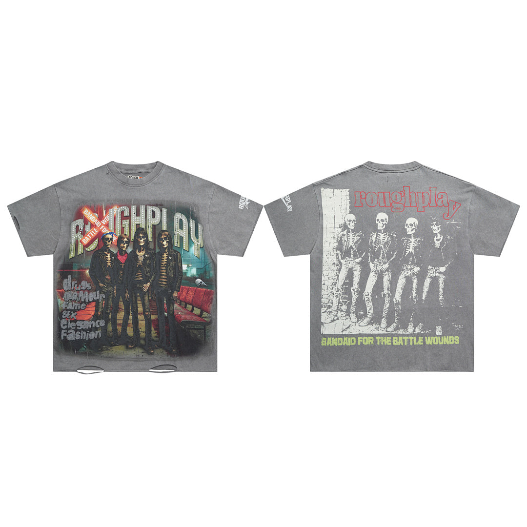 Rough Play Skeleton Band Oversized Graphic Tee — Grey