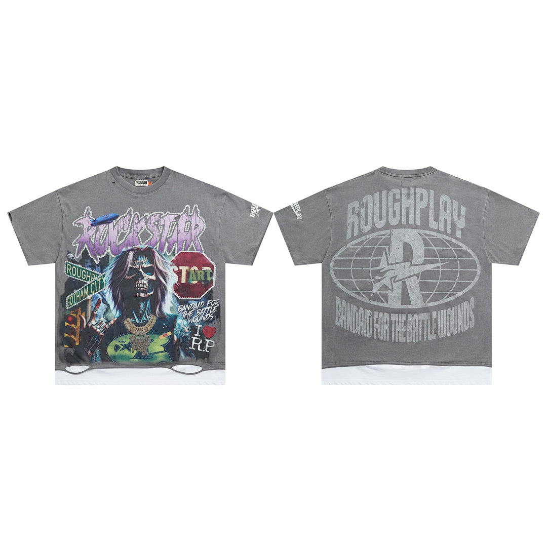 Rough Play Rockstar Gotham City Oversized Graphic Tee — Grey