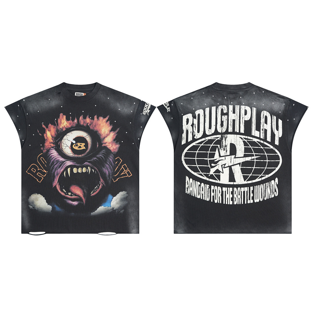 Rough Play Fire Eye Monster Oversized Graphic Tee — Black