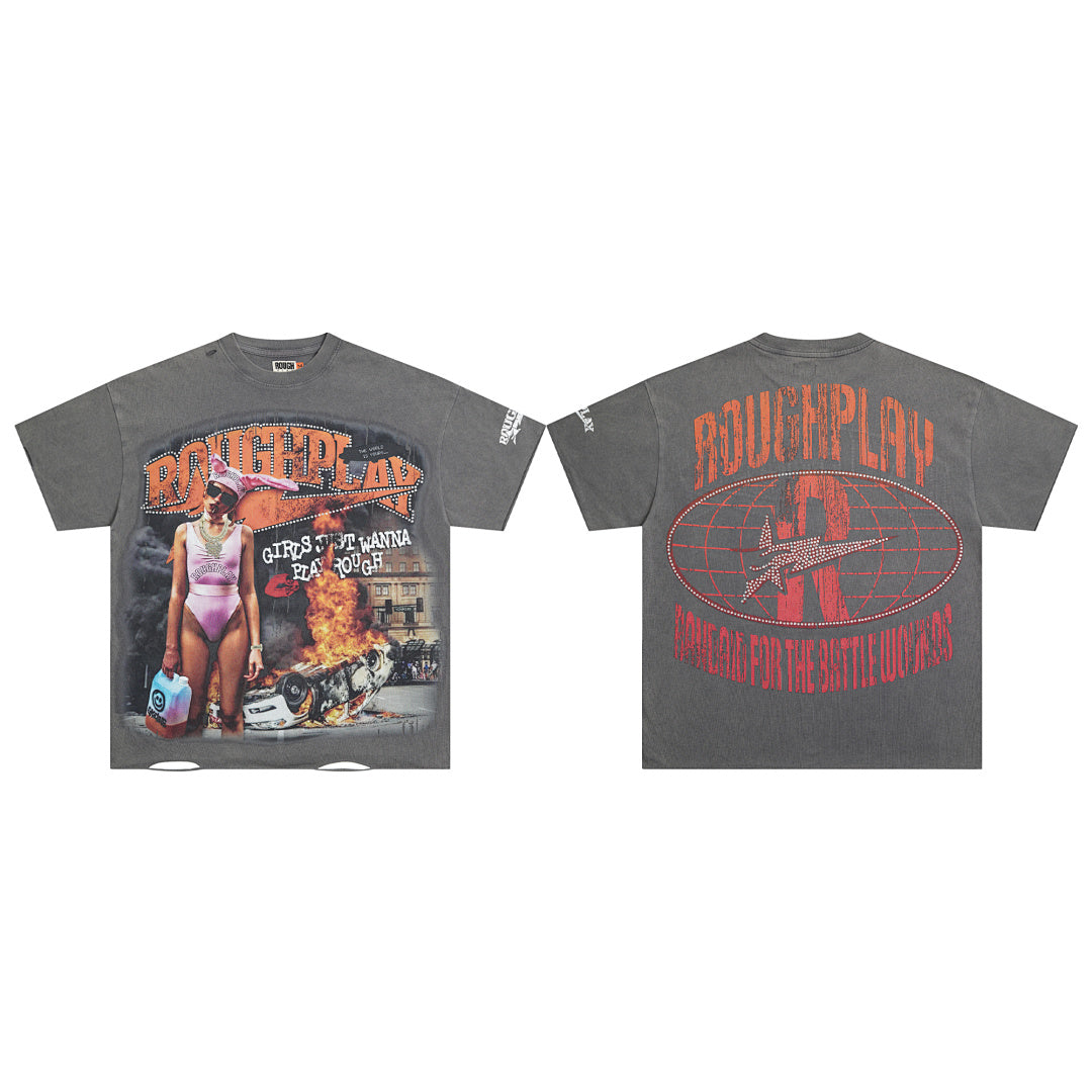 Rough Play Girls Just Wanna Play Rough Oversized Graphic Tee — Grey