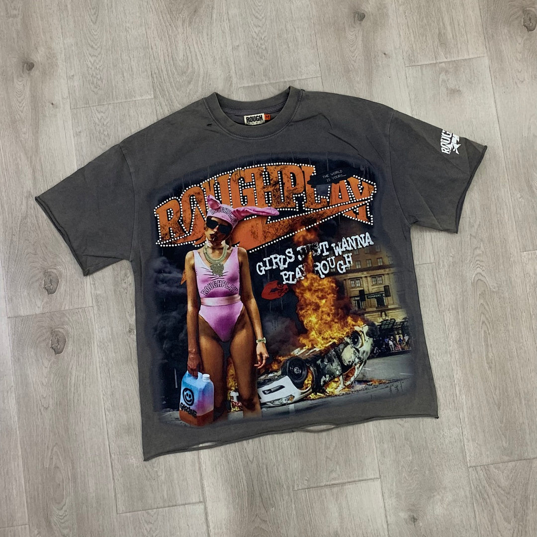 Rough Play Girls Just Wanna Play Rough Oversized Graphic Tee — Grey