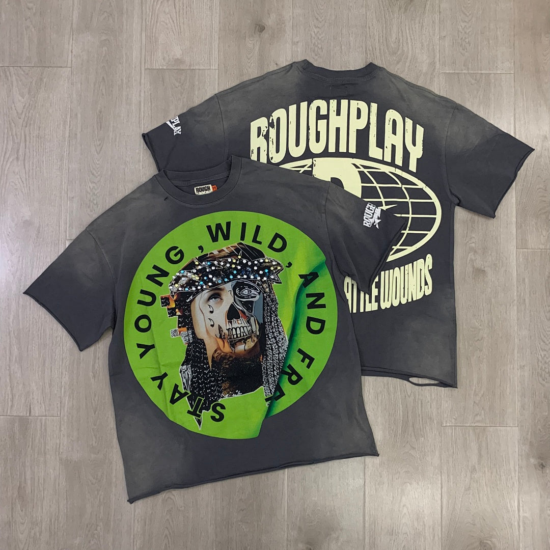 Rough Play Stay Young Wild and Free Oversized Tee — Grey