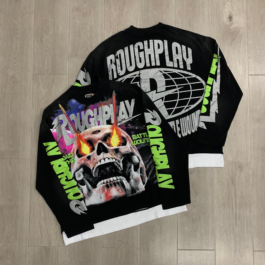 Rough Play Fire Skull Oversized Long Sleeve — Black