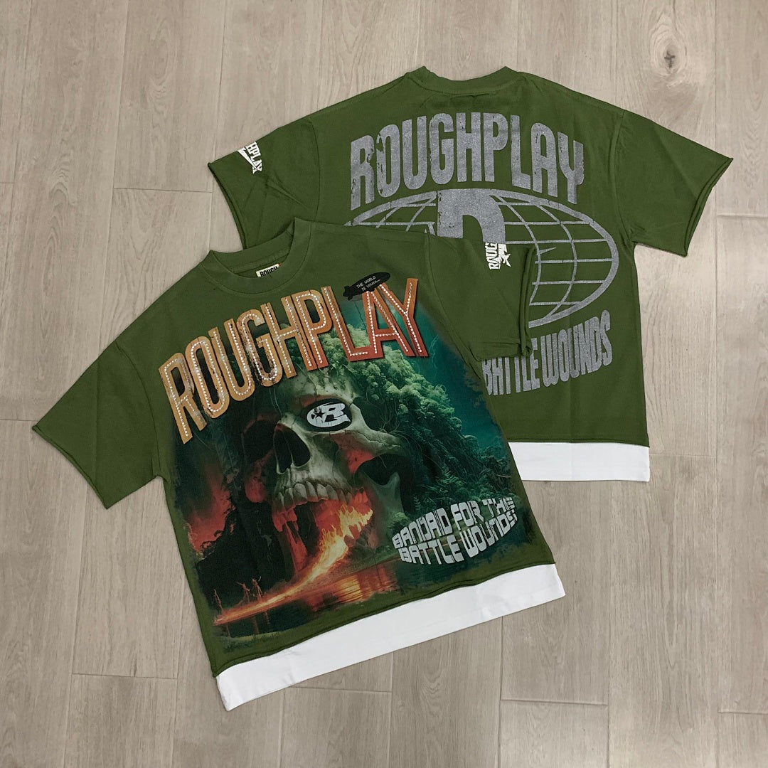 Rough Play Jungle Skull Oversized Graphic Tee — Olive