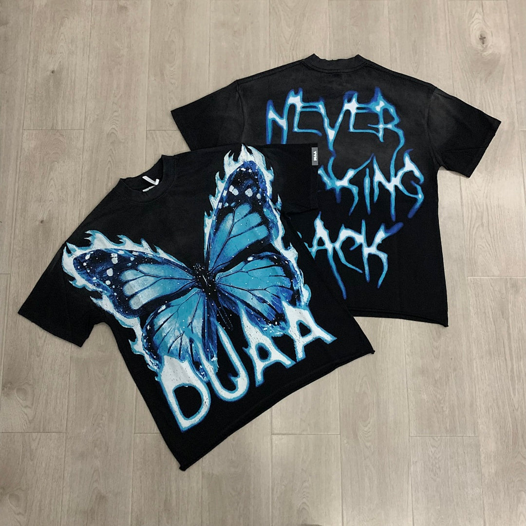 DUAA Blue Flame Butterfly Oversized Graphic Tee — Black
