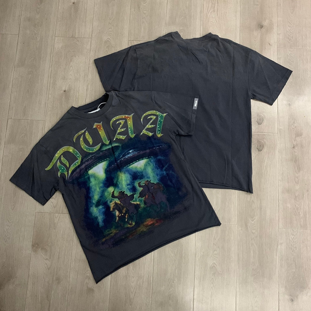 DUAA UFO Abduction Oversized Graphic Tee — Washed Grey