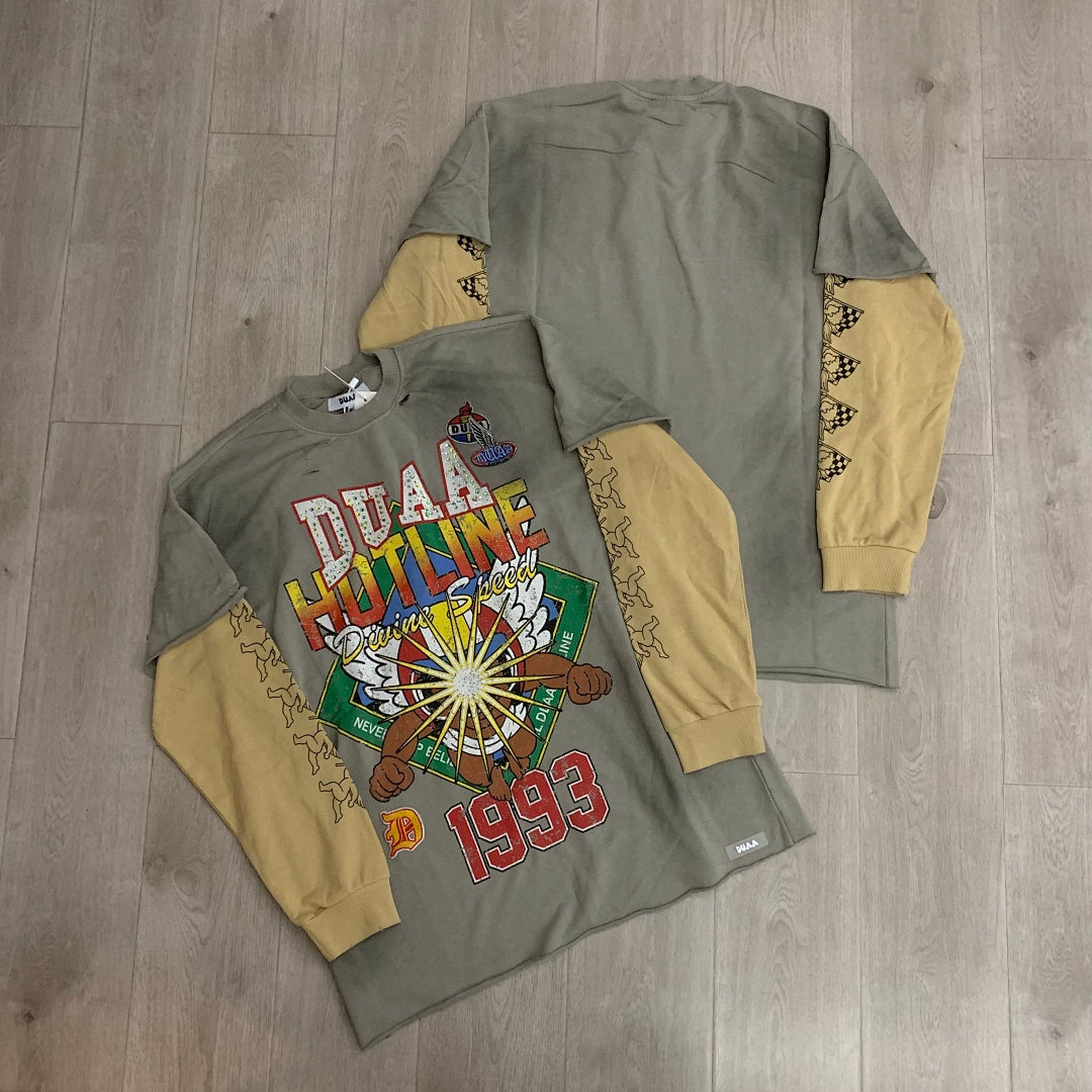 DUAA Hotline Drivin’ Speed 1993 Double Layer Long Sleeve Tee — Grey / Cream