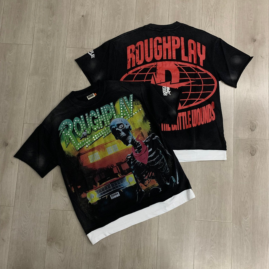 Rough Play Skeleton Cruiser Oversized Graphic Tee — Black
