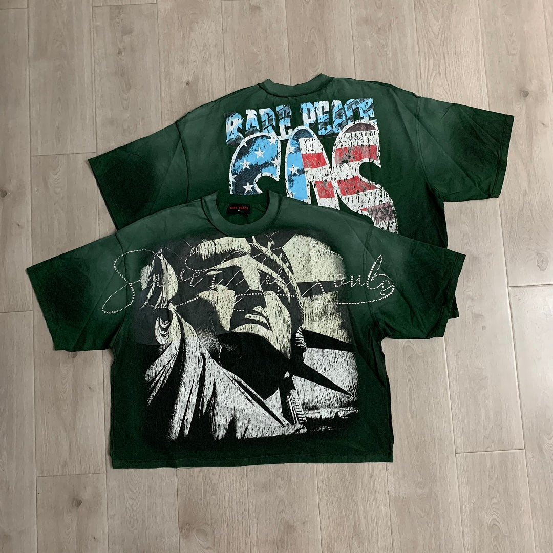 Rare Peace Lady Liberty Oversized Graphic Tee - Forest Green