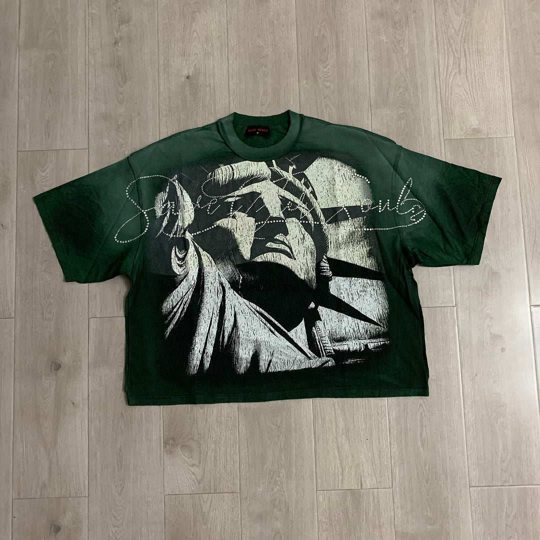 Rare Peace Lady Liberty Oversized Graphic Tee - Forest Green