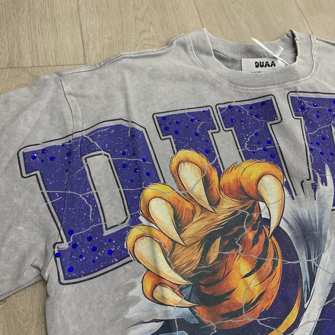 DUAA Nonstop Tiger Oversized Graphic Tee — Light Grey