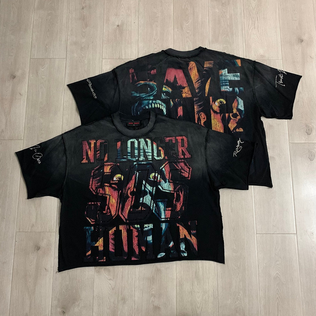 Rare Peace No Longer Human Oversized Graphic Tee — Washed Black