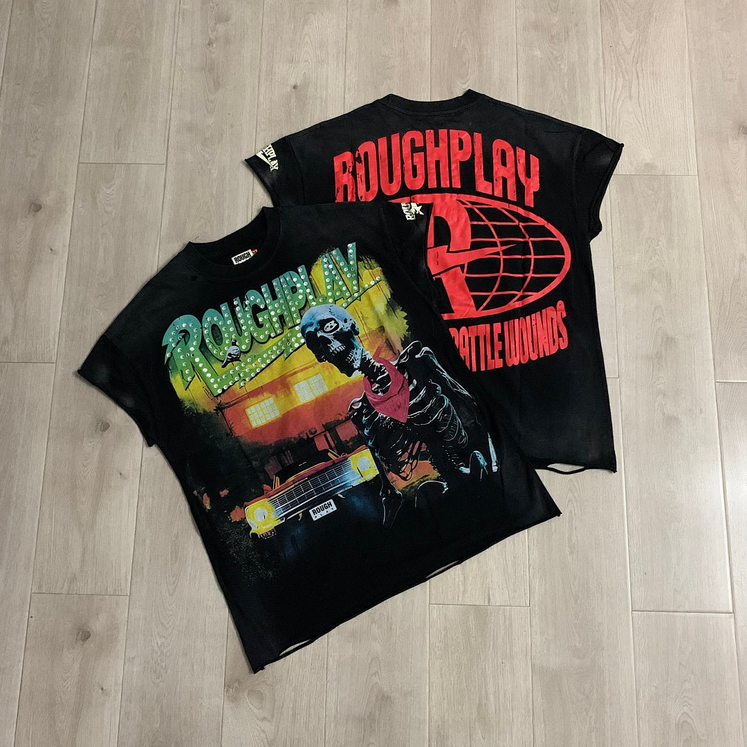Rough Play Skeleton Cruiser Oversized Graphic Tee — Washed Black