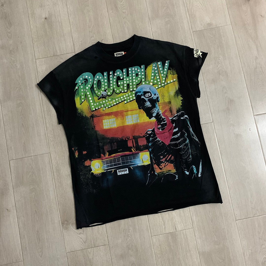 Rough Play Skeleton Cruiser Oversized Graphic Tee — Washed Black