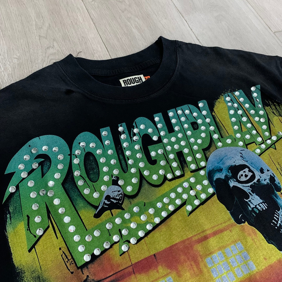 Rough Play Skeleton Cruiser Oversized Graphic Tee — Washed Black