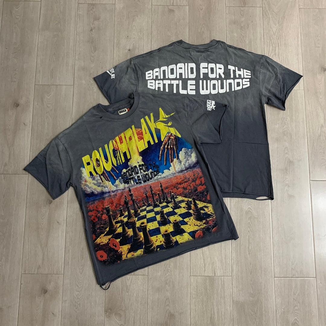 Rough Play Bandaid for the Battle Wounds Oversized Graphic Tee — Washed Grey