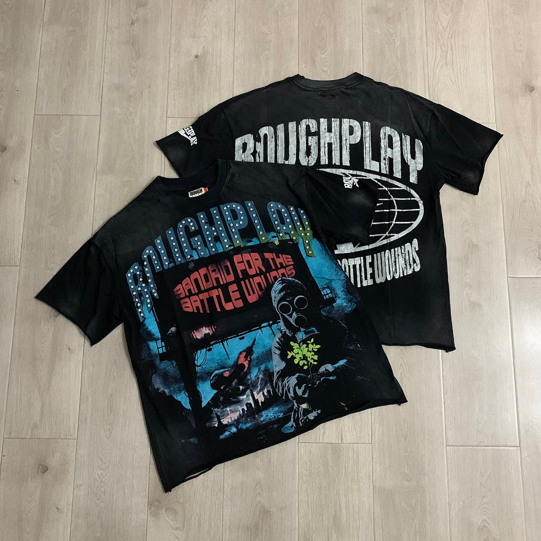 Rough Play Bandaid for the Battle Wounds Oversized Graphic Tee — Washed Black