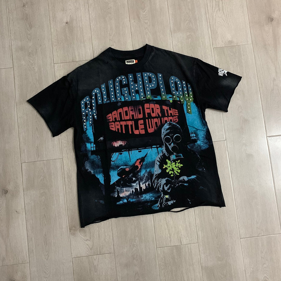 Rough Play Bandaid for the Battle Wounds Oversized Graphic Tee — Washed Black