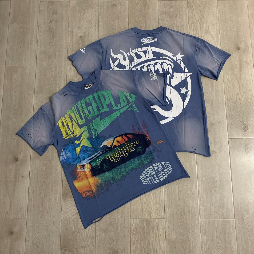 Rough Play Bandaid for the Battle Wounds Oversized Graphic Tee — Washed Blue