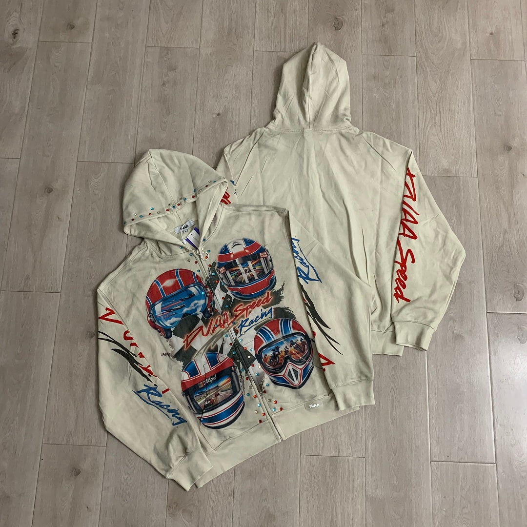 DUAA Velocity Speed Racing Oversized Zip Hoodie — Washed Beige