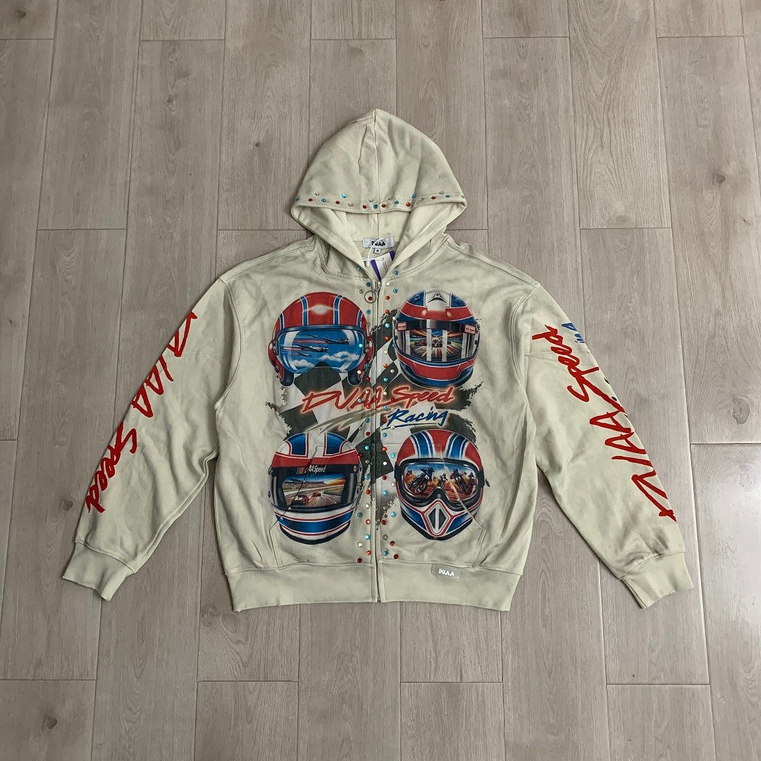 DUAA Velocity Speed Racing Oversized Zip Hoodie — Washed Beige