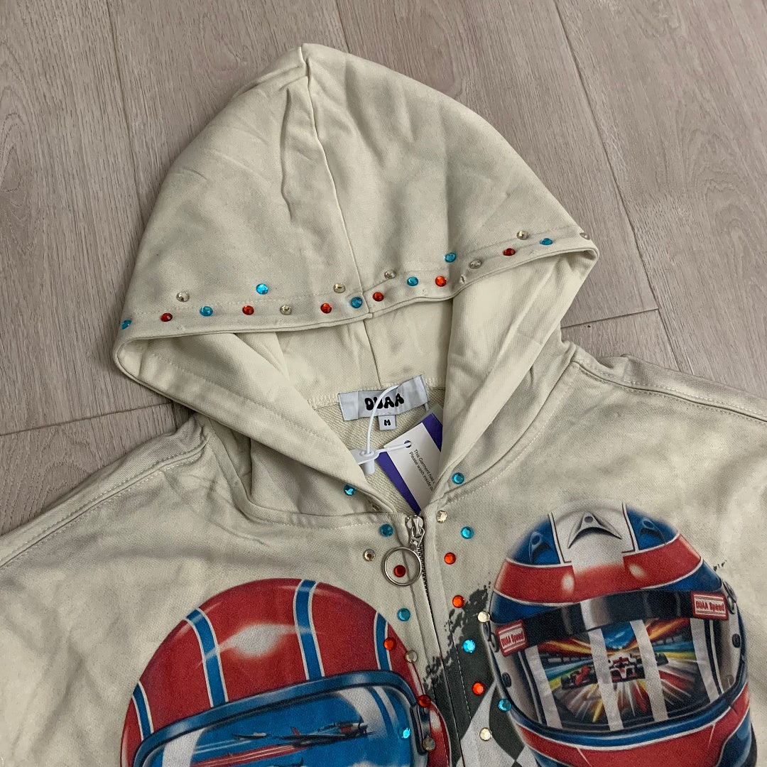 DUAA Velocity Speed Racing Oversized Zip Hoodie — Washed Beige
