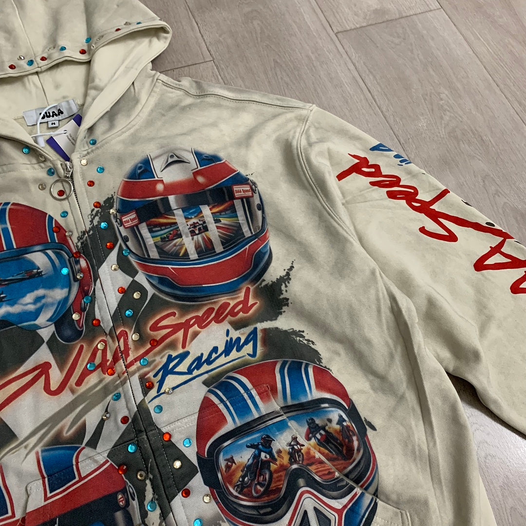 DUAA Velocity Speed Racing Oversized Zip Hoodie — Washed Beige