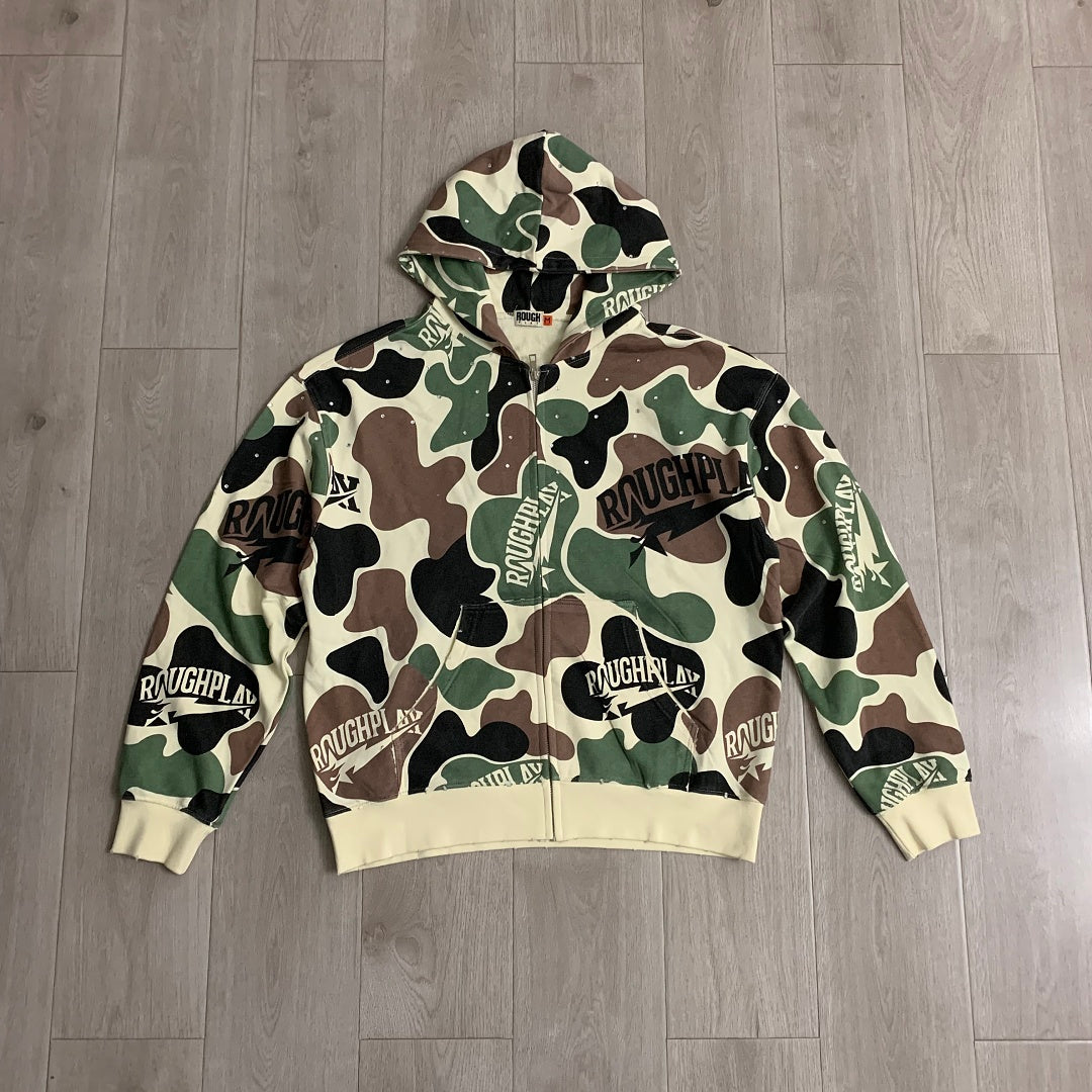 Rough Play All-Over Camo Oversized Zip Hoodie — Cream