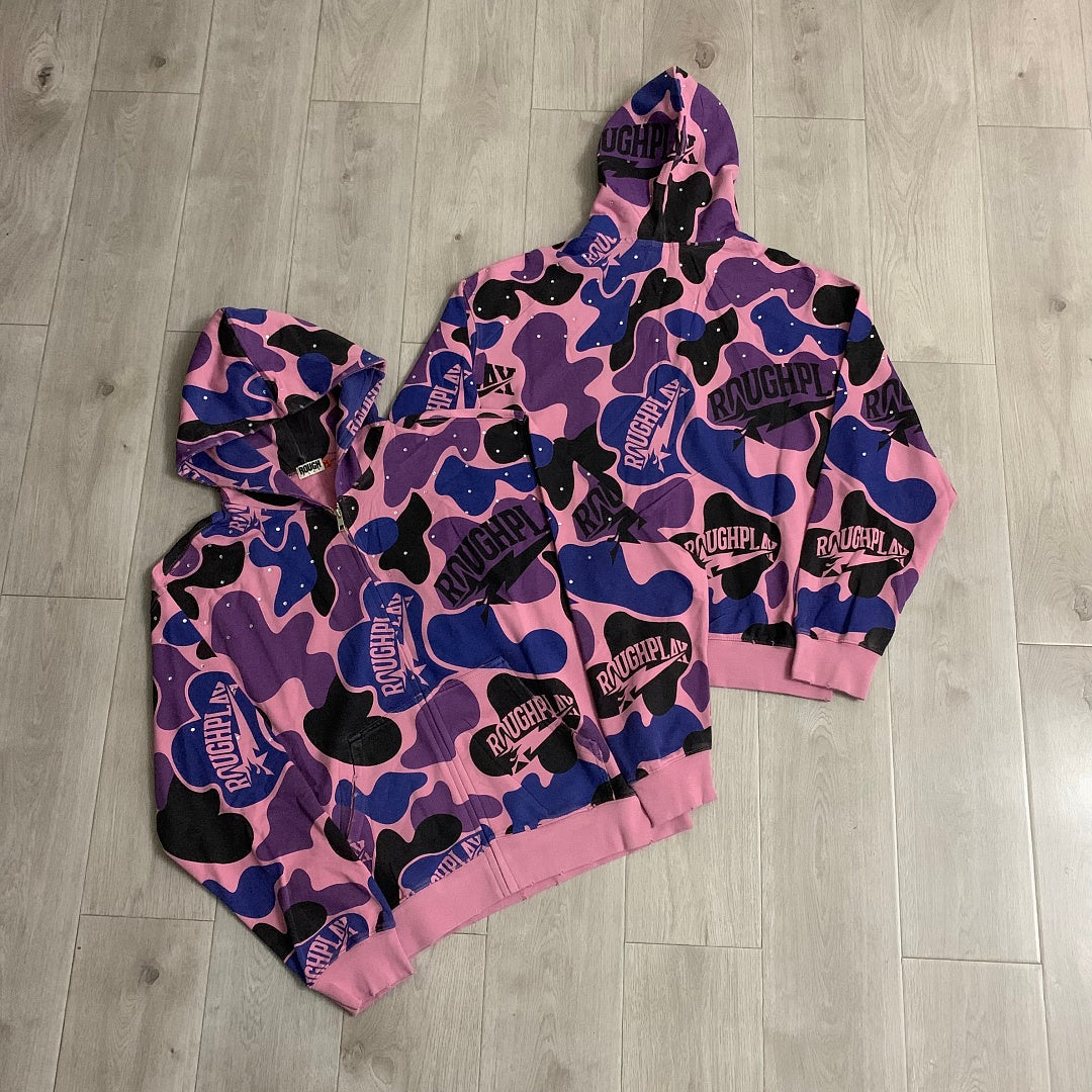 Rough Play All-Over Camo Oversized Zip Hoodie — Pink