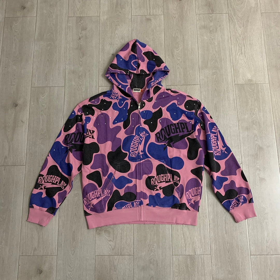 Rough Play All-Over Camo Oversized Zip Hoodie — Pink