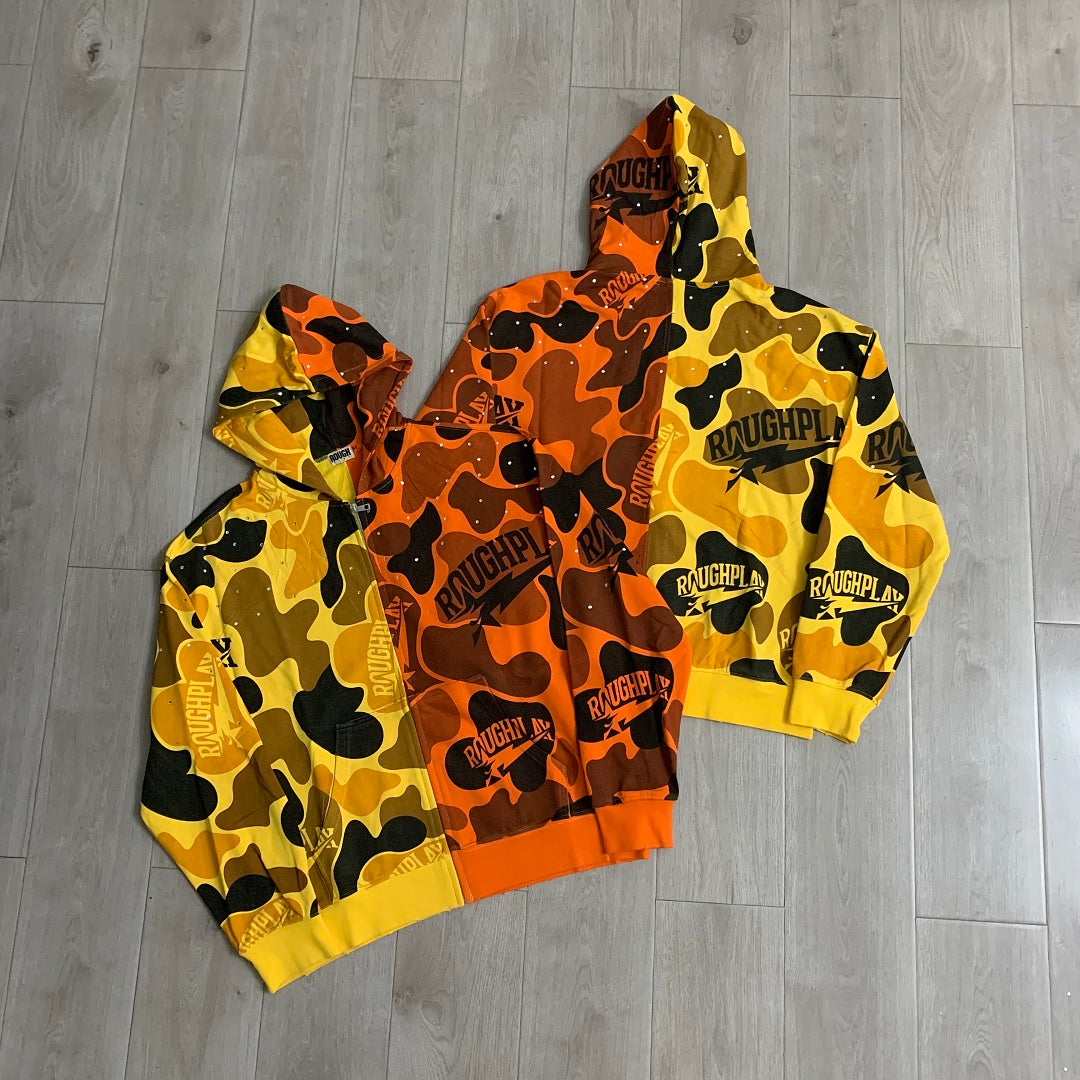 Rough Play Split Camo Oversized Zip Hoodie — Yellow / Orange