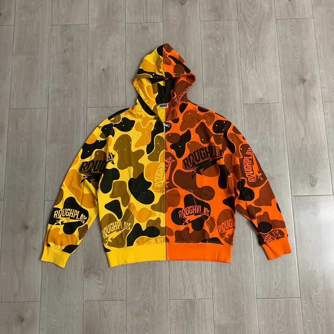 Rough Play Split Camo Oversized Zip Hoodie — Yellow / Orange