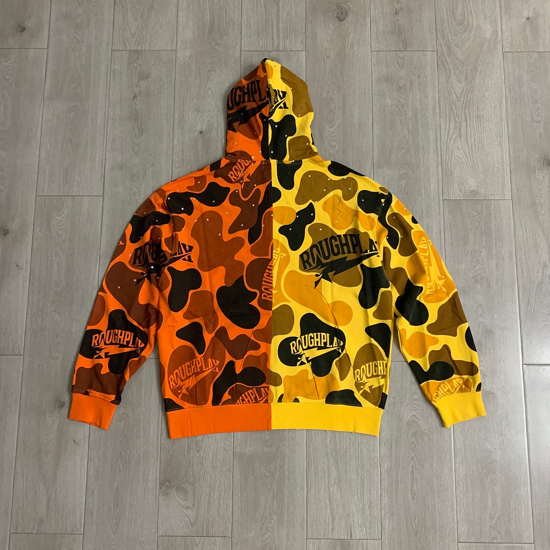 Rough Play Split Camo Oversized Zip Hoodie — Yellow / Orange