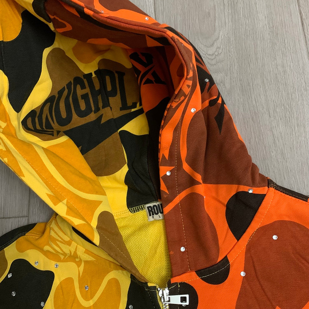 Rough Play Split Camo Oversized Zip Hoodie — Yellow / Orange