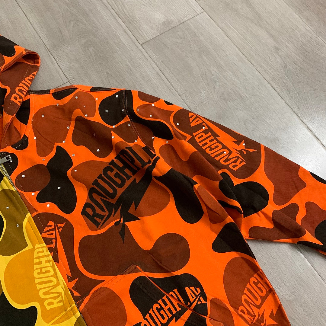 Rough Play Split Camo Oversized Zip Hoodie — Yellow / Orange