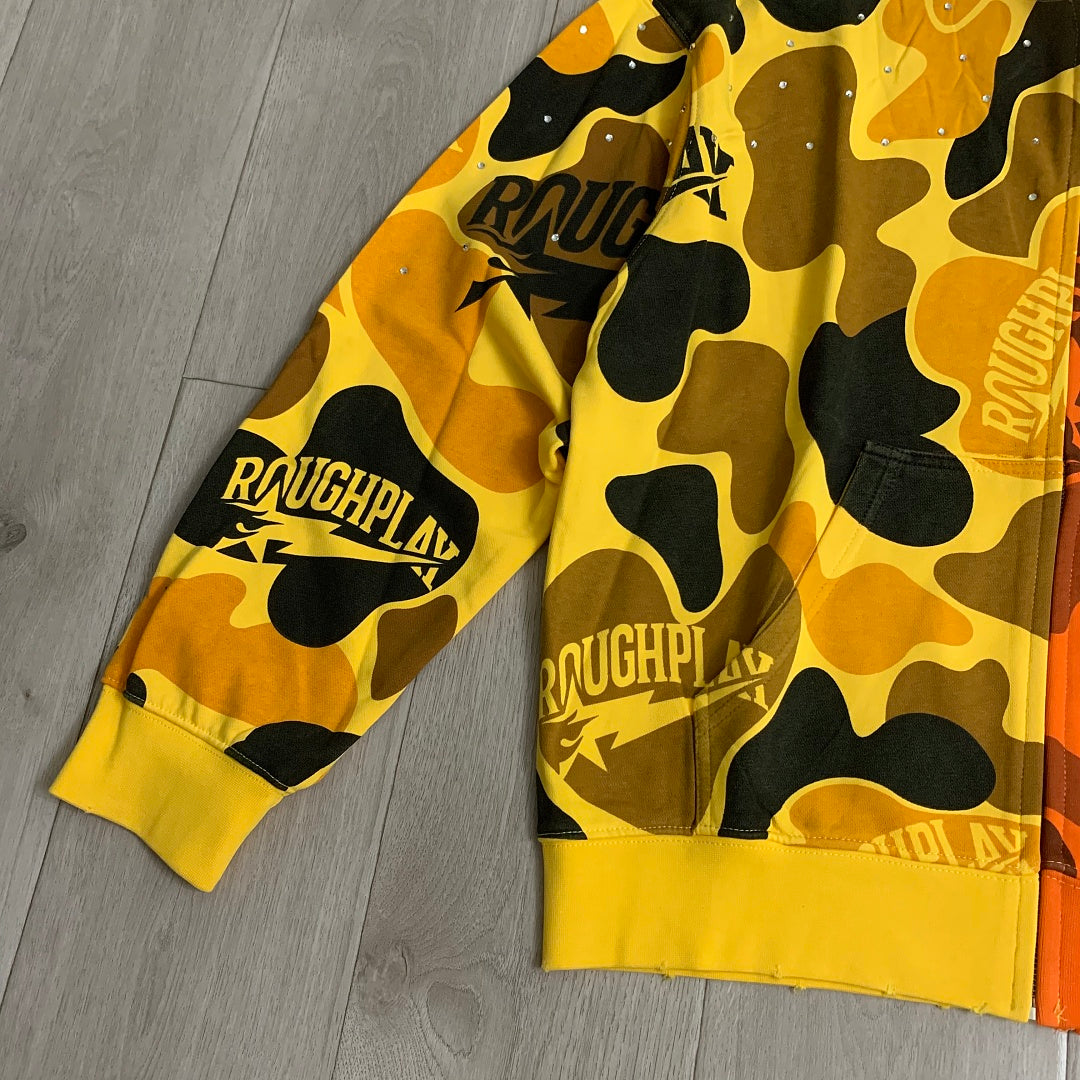 Rough Play Split Camo Oversized Zip Hoodie — Yellow / Orange