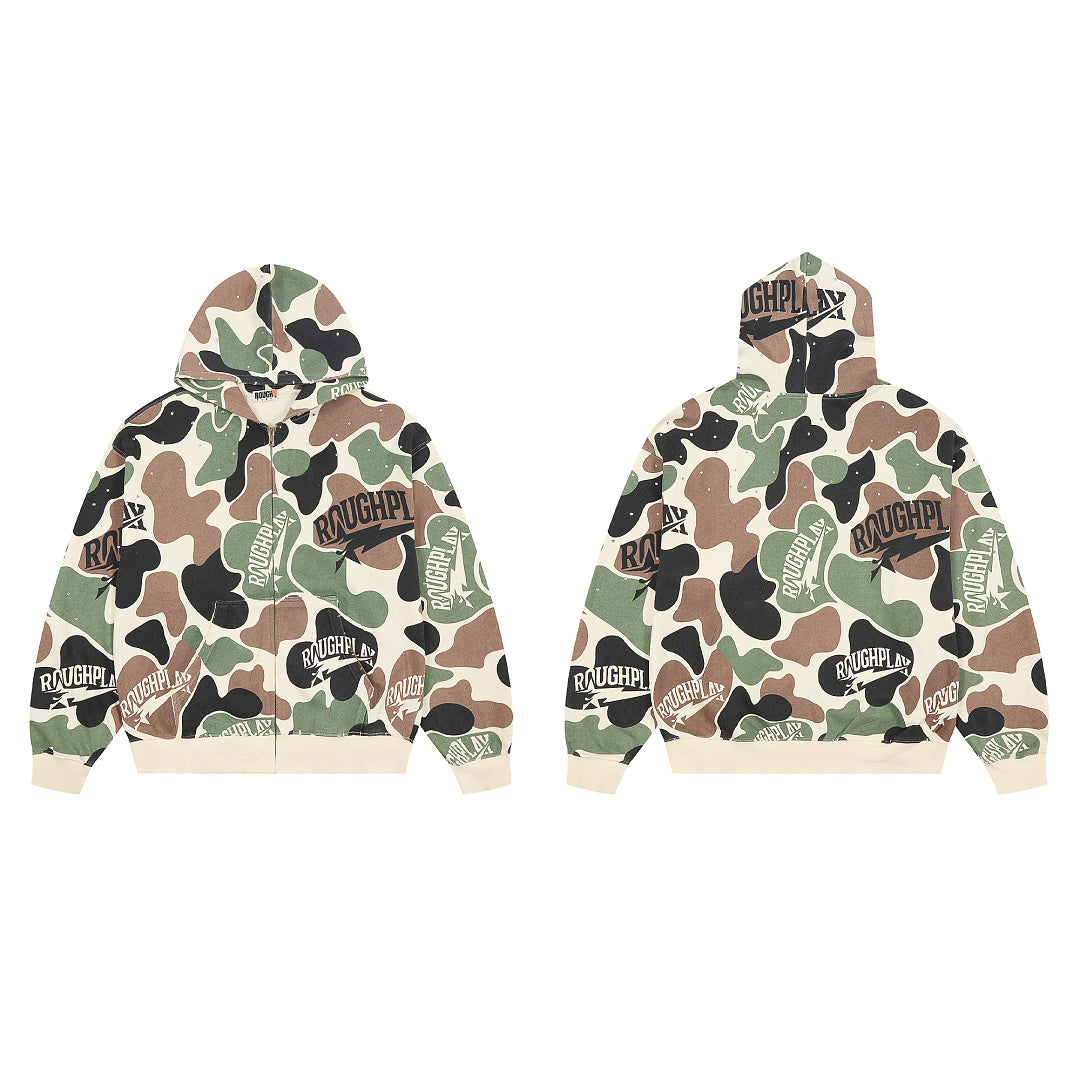 Rough Play All-Over Camo Oversized Zip Hoodie — Cream