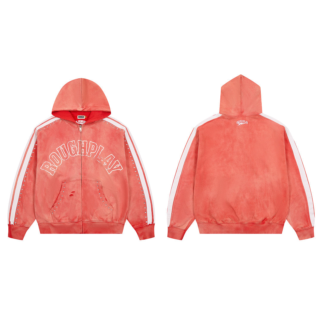 Rough Play Varsity Stripe Oversized Zip Hoodie