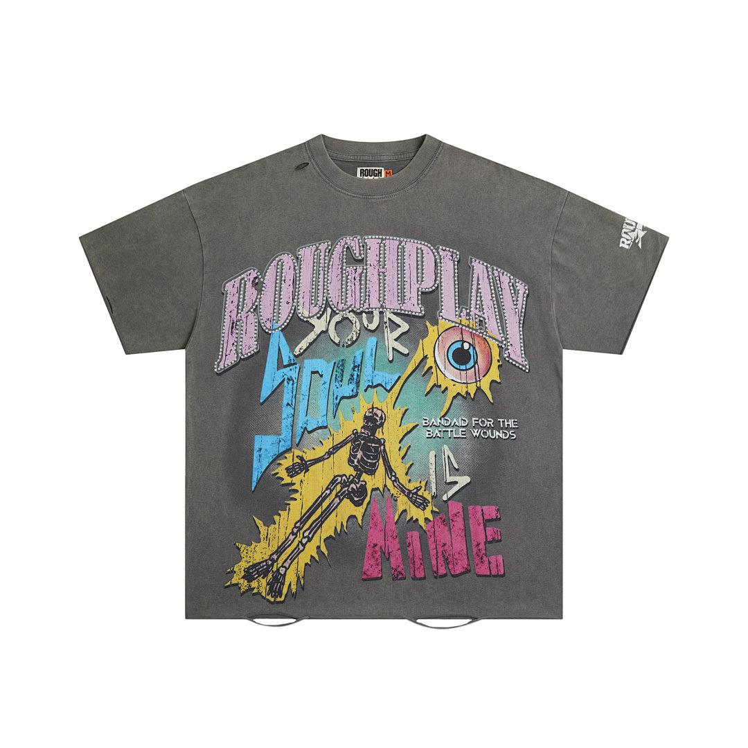 Rough Play Your Soul Is Mine Oversized Graphic Tee — Grey