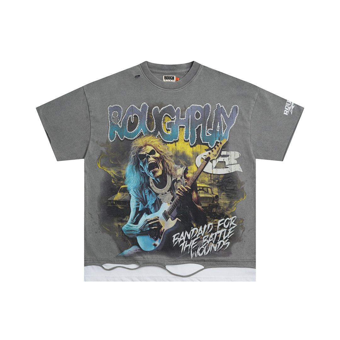 Rough Play Skeleton Guitarist Oversized Graphic Tee — Grey