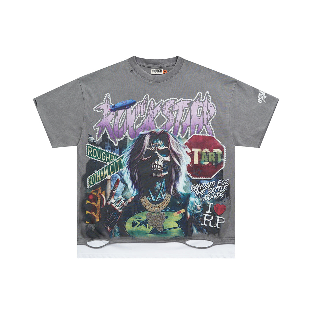 Rough Play Rockstar Gotham City Oversized Graphic Tee — Grey