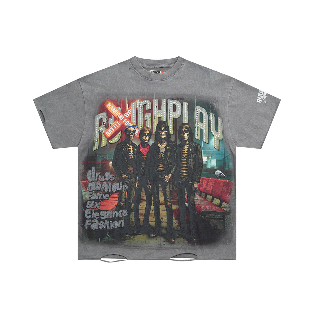 Rough Play Skeleton Band Oversized Graphic Tee — Grey