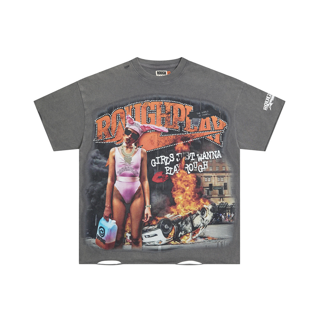 Rough Play Girls Just Wanna Play Rough Oversized Graphic Tee — Grey