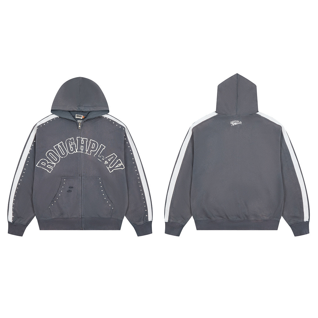 Rough Play Varsity Stripe Oversized Zip Hoodie