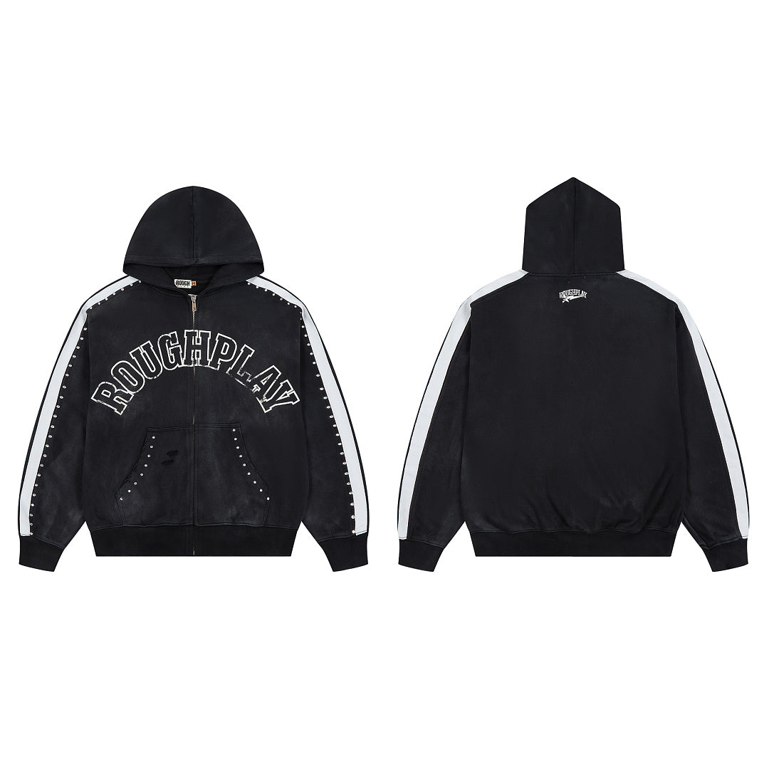 Rough Play Varsity Stripe Oversized Zip Hoodie