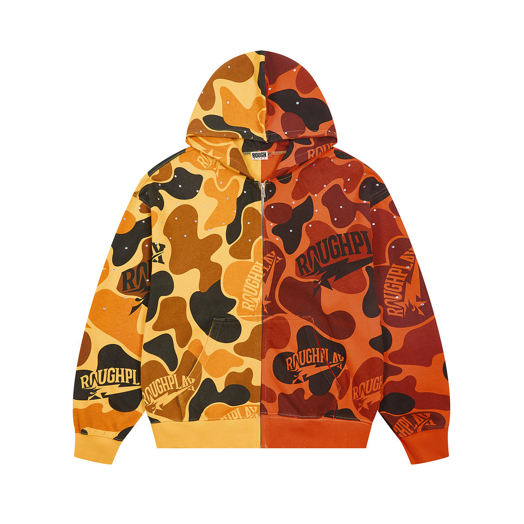 Rough Play Split Camo Oversized Zip Hoodie — Yellow / Orange