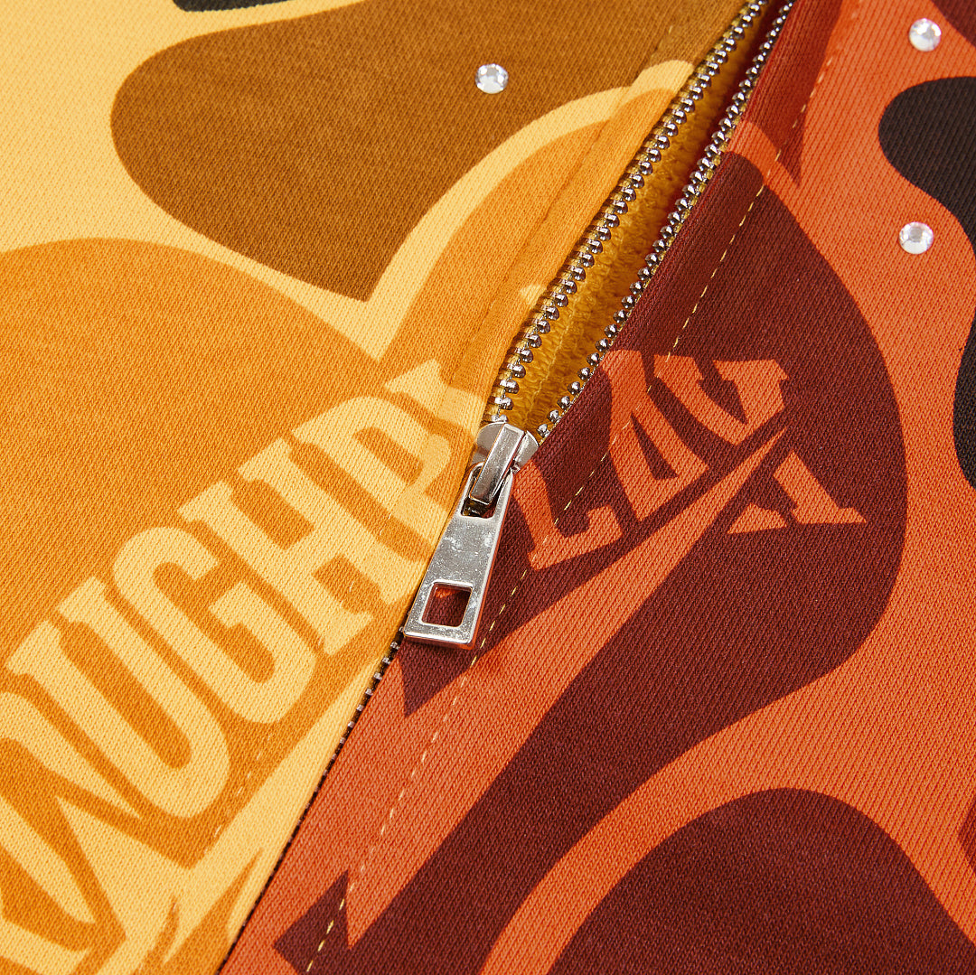 Rough Play Split Camo Oversized Zip Hoodie — Yellow / Orange