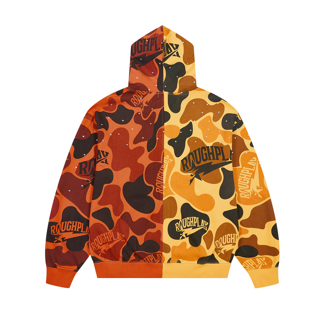 Rough Play Split Camo Oversized Zip Hoodie — Yellow / Orange